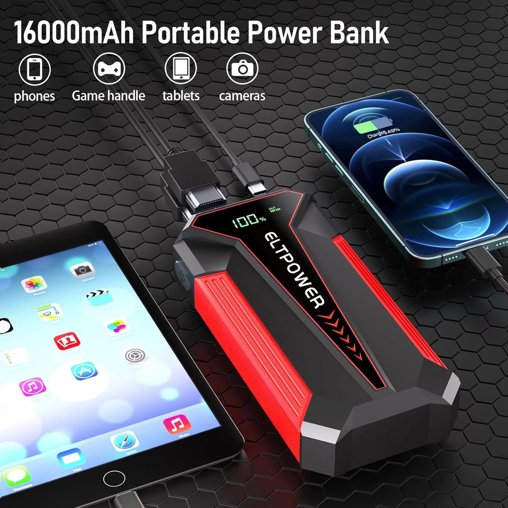 Car Emergency Battery Booster, 2000A Peak 12V Power Box With Fast Charging Output, For High Displacement Engines, Portable Booster Power Bank, 9.05 X 5,11 X 1.76 In