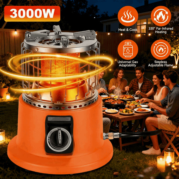3000W 2 In 1 Portable Propane Heater & Stove - 360° Far-Infrared Heating With Stepless Flame Adjustment, Compatible With Butane/Isobutane, Perfect For Camping RV Backyard Gatherings