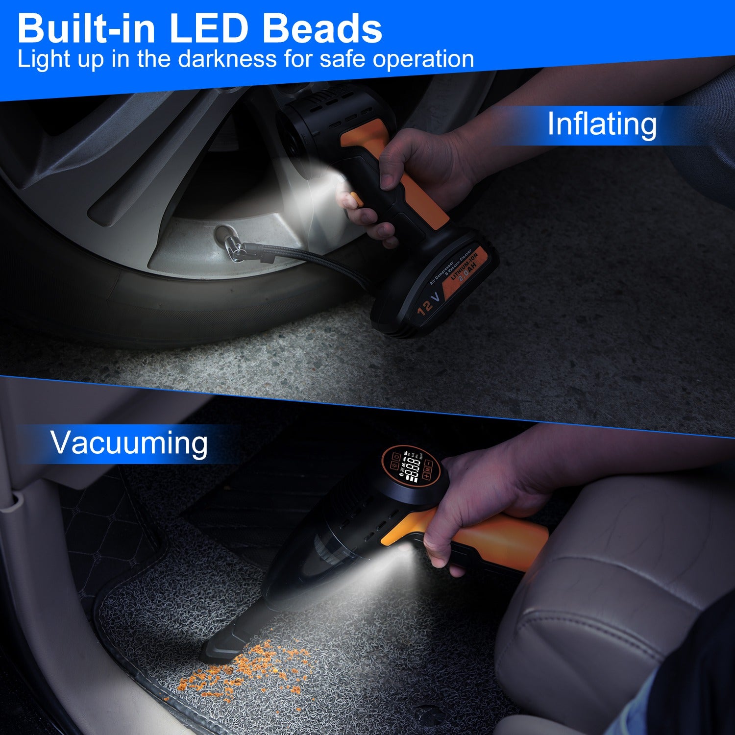 1Pc 4 In 1 Cordless Car Vacuum Cleaner And Tire Inflator With LED Light Digital Display Tire Pressure Gauge 150PSI Rechargeable Air Compressor Pump Essential Car Accessories